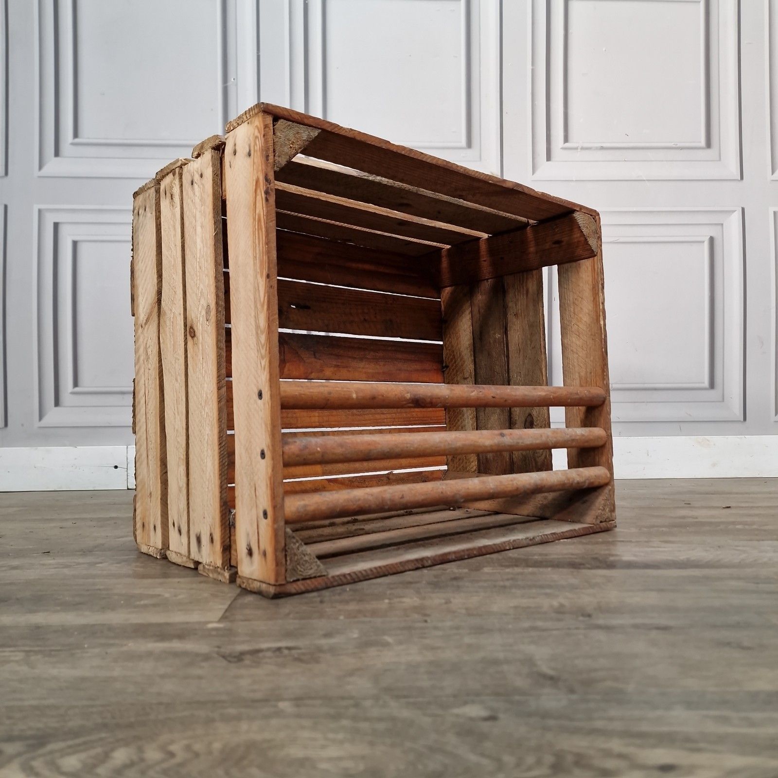 Vintage Wooden Crate Shelf Wall Display Rustic Pine Storage Box Upcycle Retro photo for sale