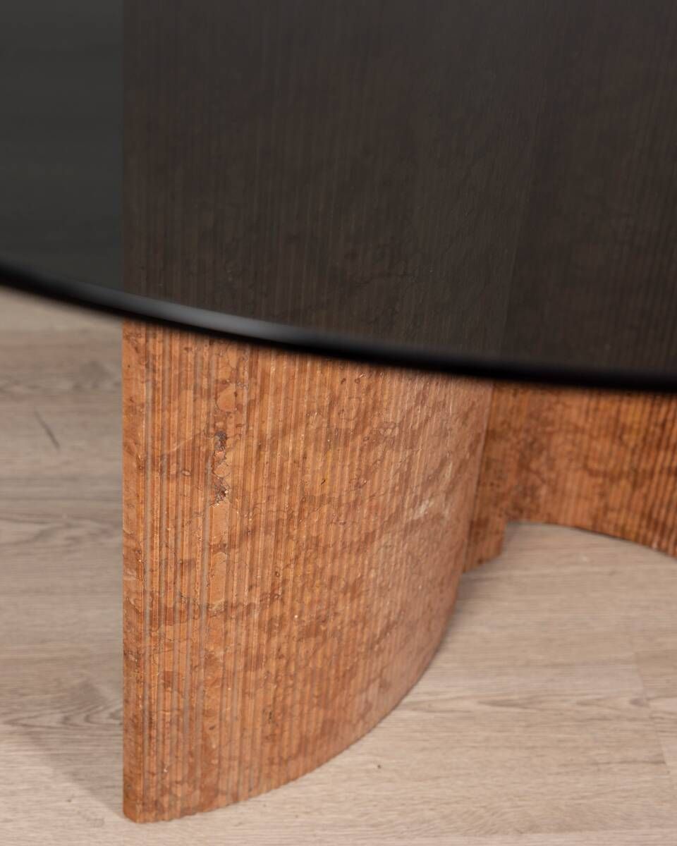 Vintage 1970s Round Table In Travertine And Glass, Italian Design photo for sale