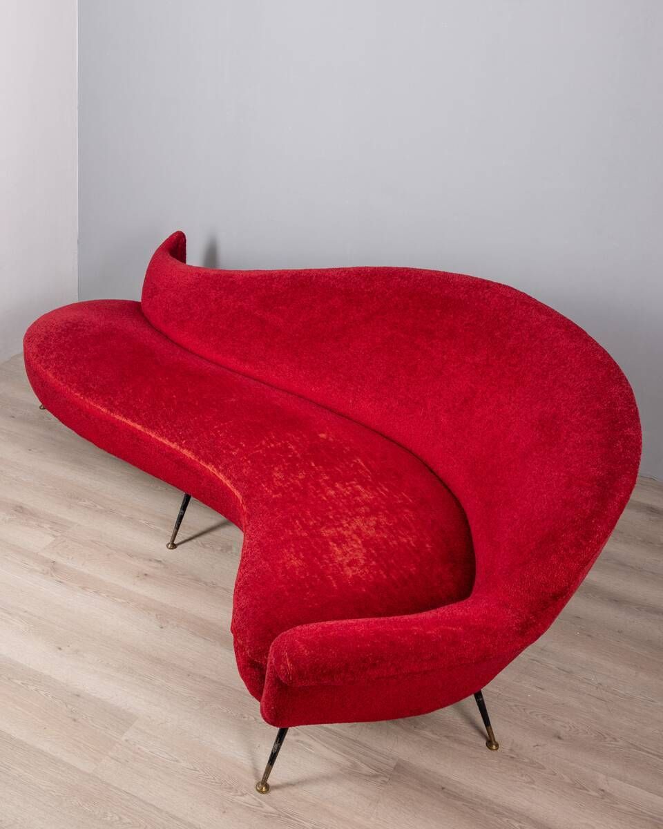 Large 1950s Vintage Curved Sofa In Red Velvet Italian Design photo vintage