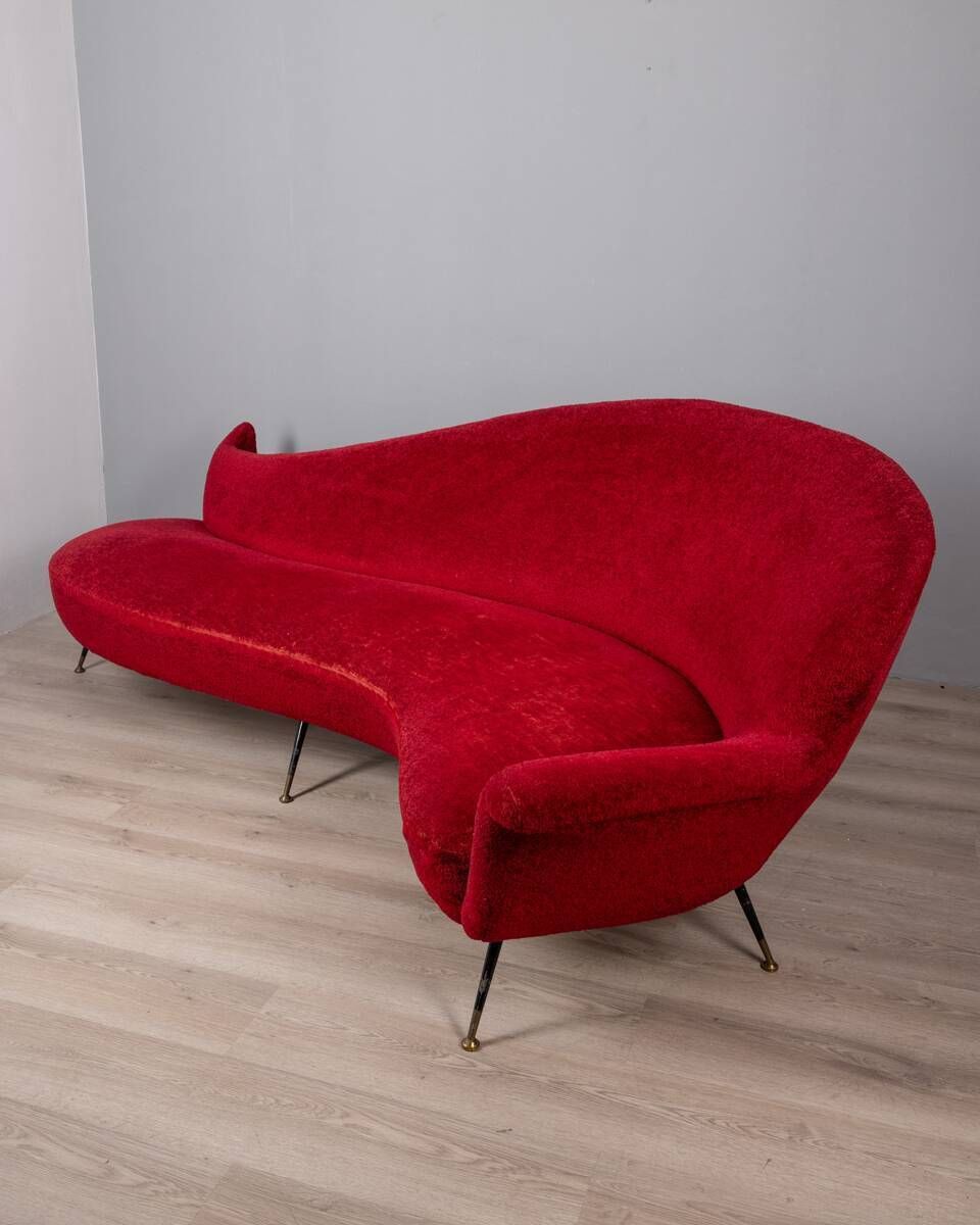 Furniture Large 1950s Vintage Curved Sofa In Red Velvet Italian Design photo
