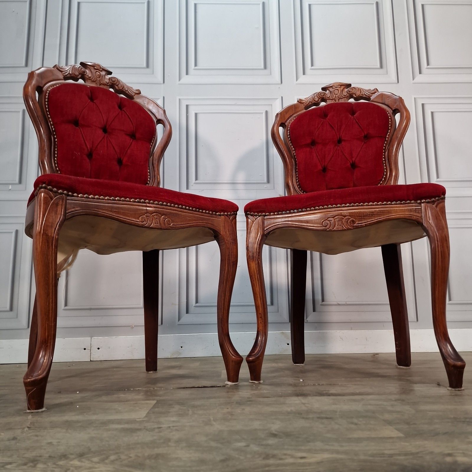 Antique Victorian Style Chairs Pair Carved Walnut Red Upholstery Bedroom Seats photo for sale