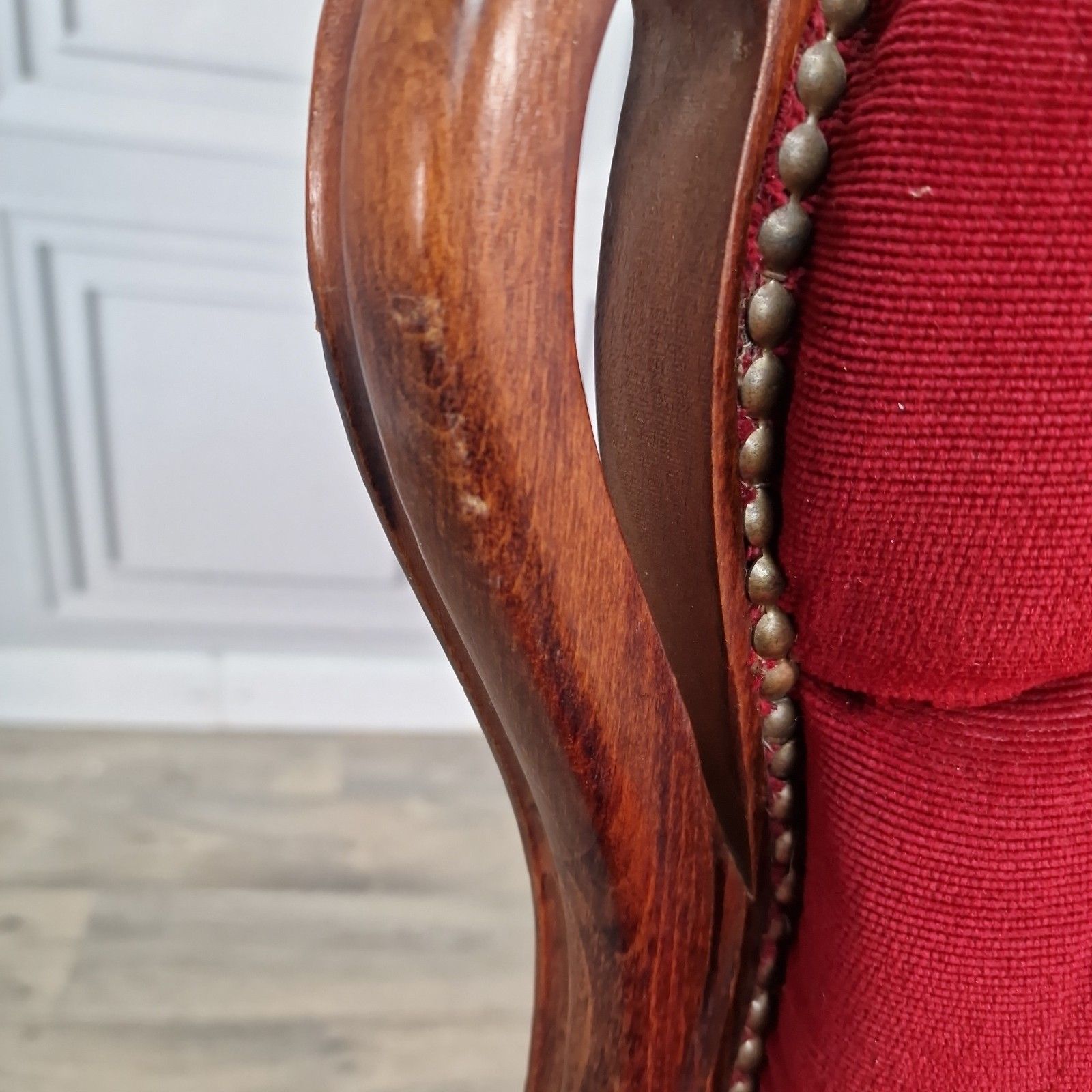 Antique Victorian Style Chairs Pair Carved Walnut Red Upholstery Bedroom Seats photo vinterior