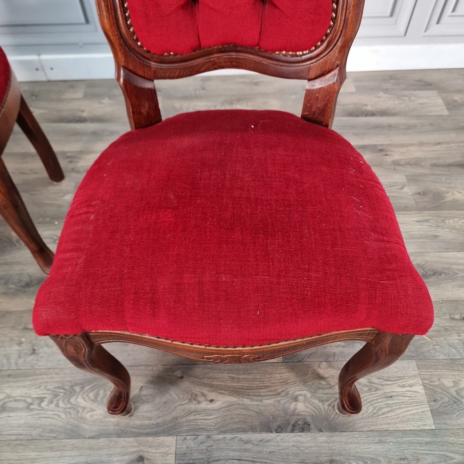 photo for sale Antique Victorian Style Chairs Pair Carved Walnut Red Upholstery Bedroom Seats