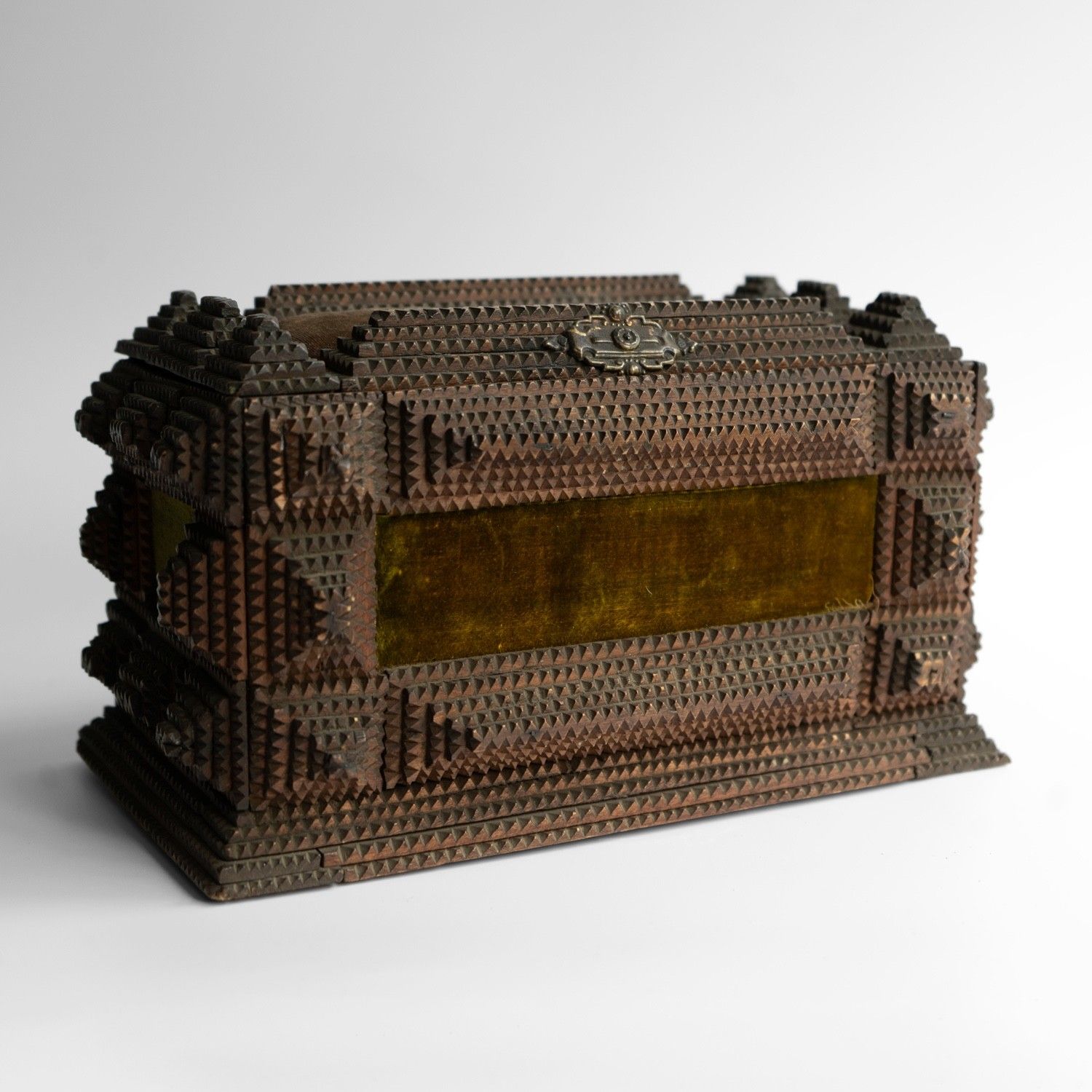 Antique Tramp Art Carved Wooden Box, Folk Art Jewellery Casket, Late 19th C.