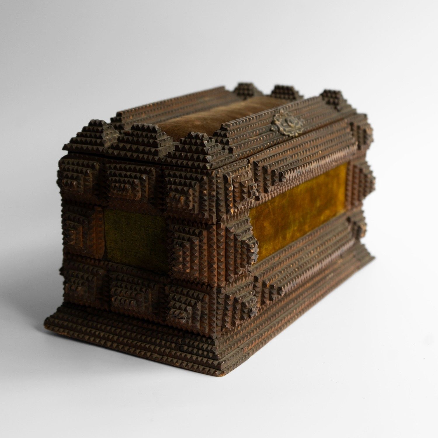Antique Tramp Art Carved Wooden Box, Folk Art Jewellery Casket, Late 19th C. photo for sale