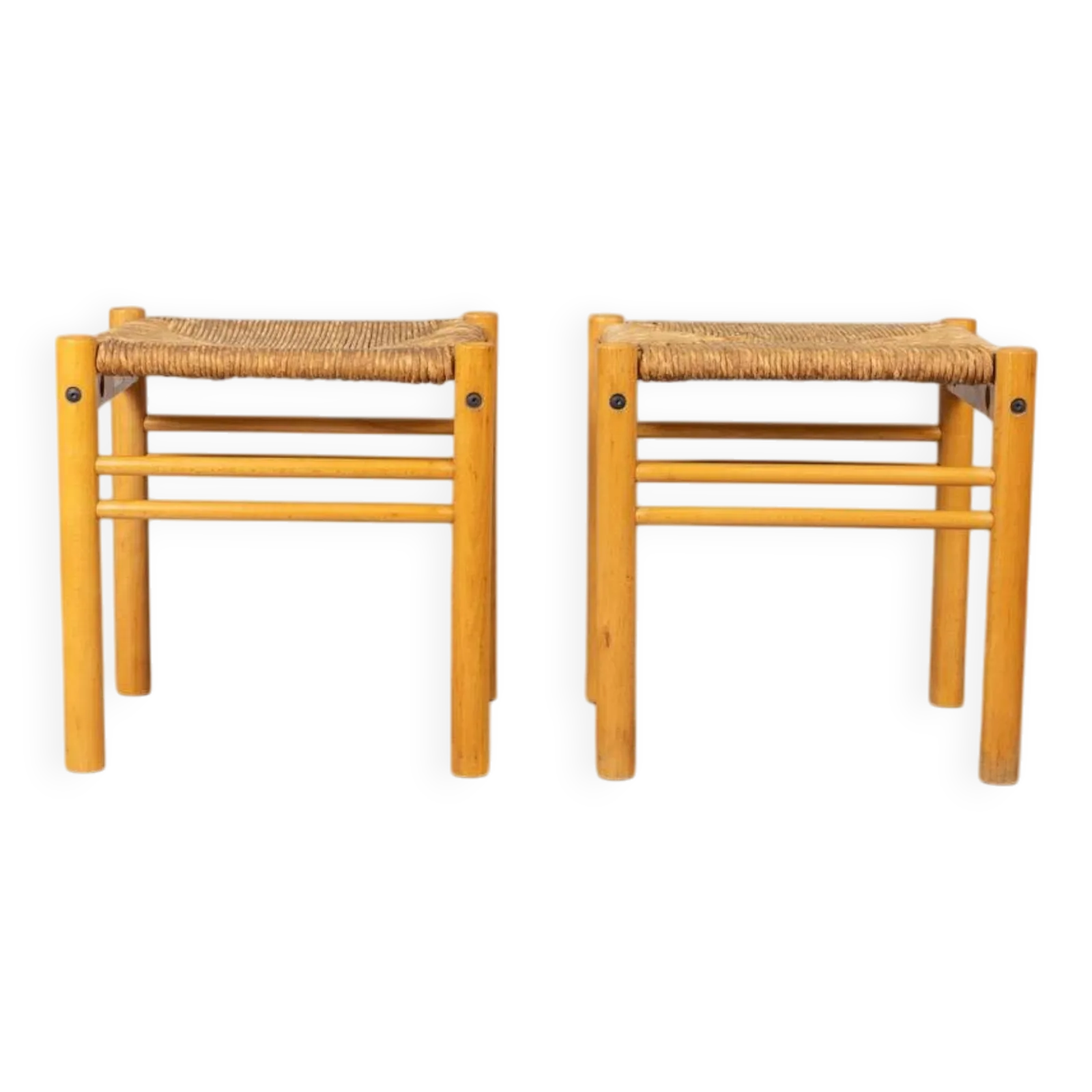 Pair Of Vintage 1970s Hibiscus Design Wooden And Rope Stools