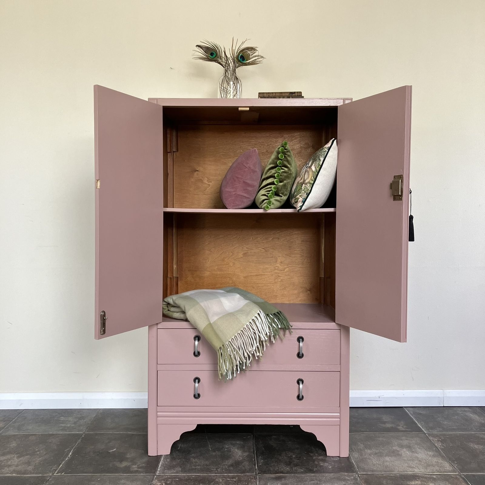 Stunning Painted 1940's Lockable Oak Linen Cupboard / Tall Boy; Farrow And Ball Sulking Room Pink, Carved Doors photo furniture