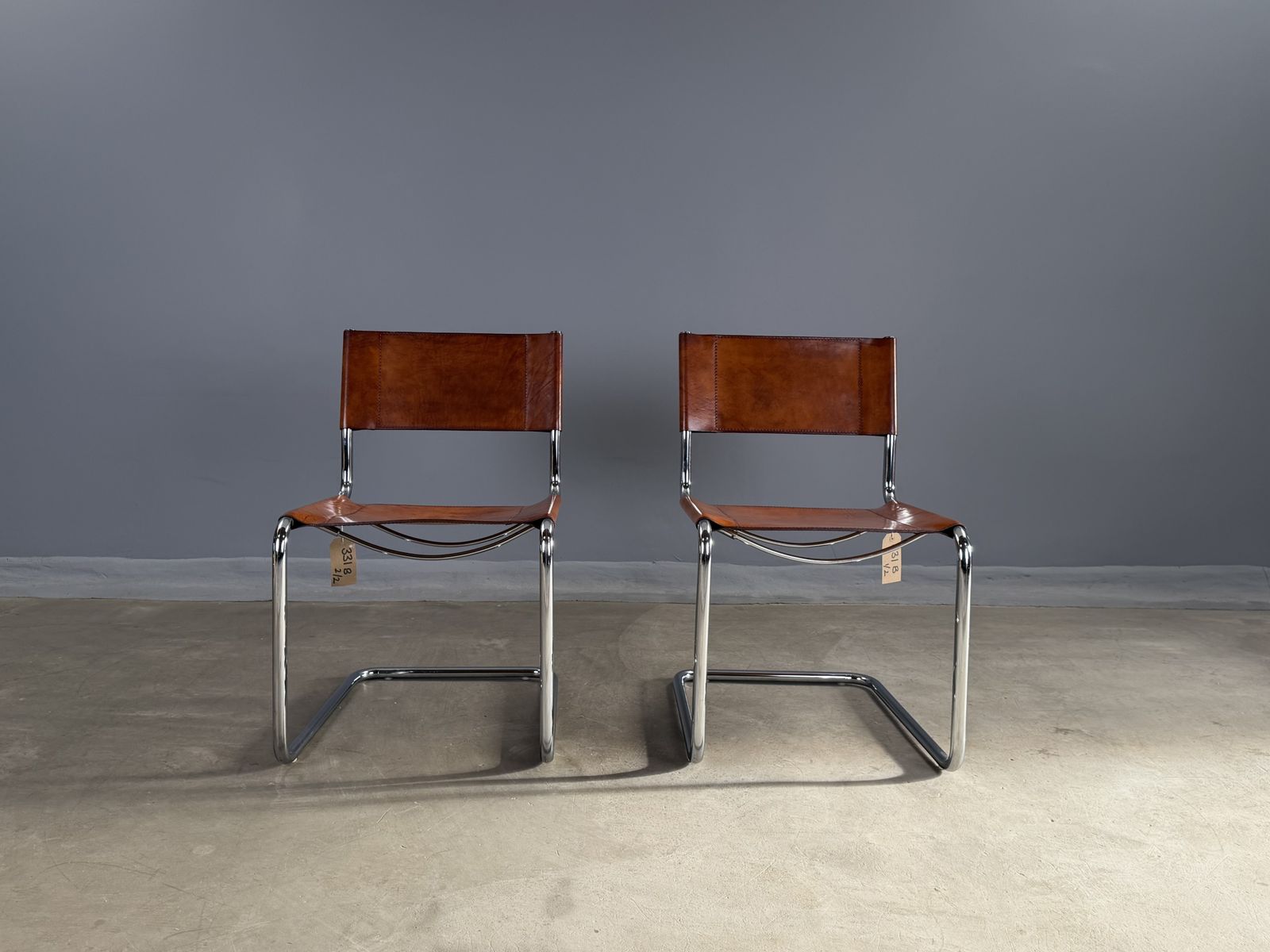 Pair Dining Or Desk Or Side Chair Mart Stam Marcel Breuer S33 Set Of 2 Two Chrome Tan Cognac Brown Leather Cantilever Bauhaus Matteo Grassi photo for sale