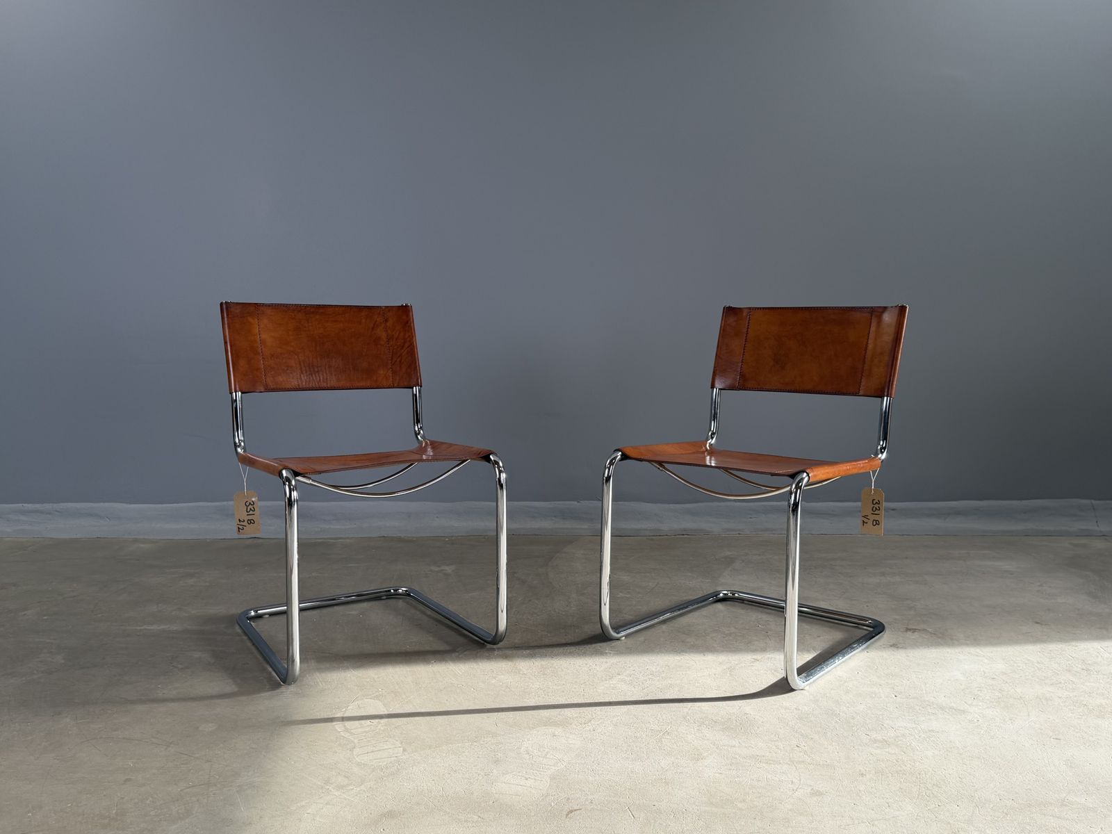photo for sale Pair Dining Or Desk Or Side Chair Mart Stam Marcel Breuer S33 Set Of 2 Two Chrome Tan Cognac Brown Leather Cantilever Bauhaus Matteo Grassi