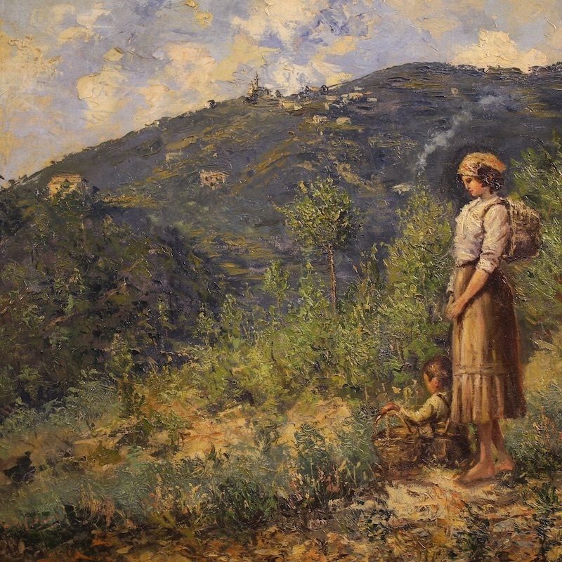 Italian Landscape With Figure Painting Signed And Dated 1914 photo Art