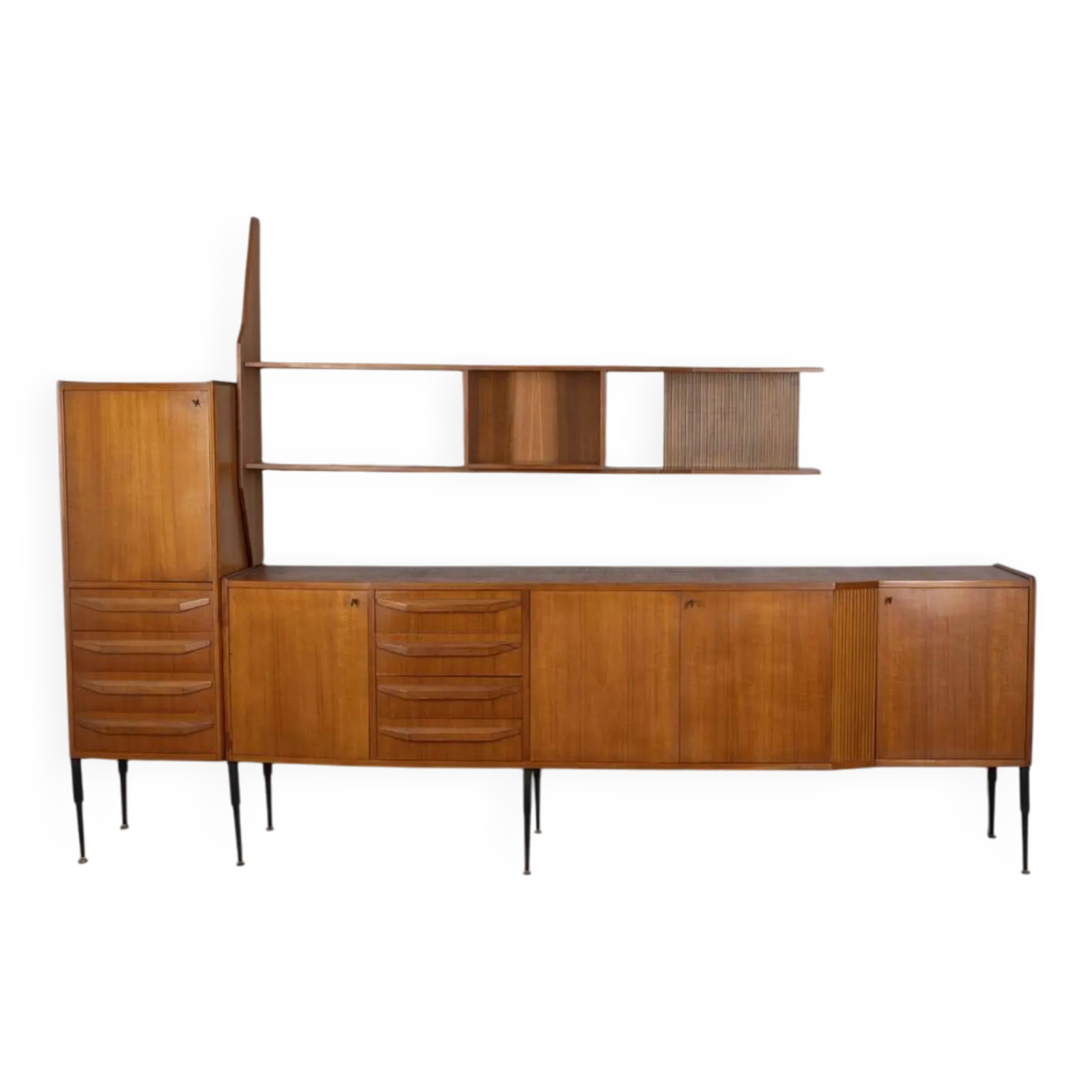 Vintage 1960s Teak Sideboard With Wall Mounted System, Italian Design