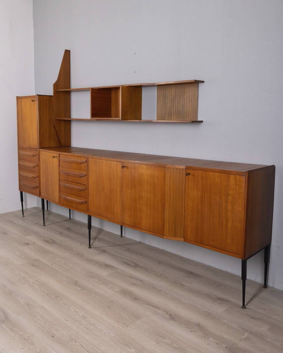 Vintage 1960s Teak Sideboard With Wall Mounted System, Italian Design photo furniture