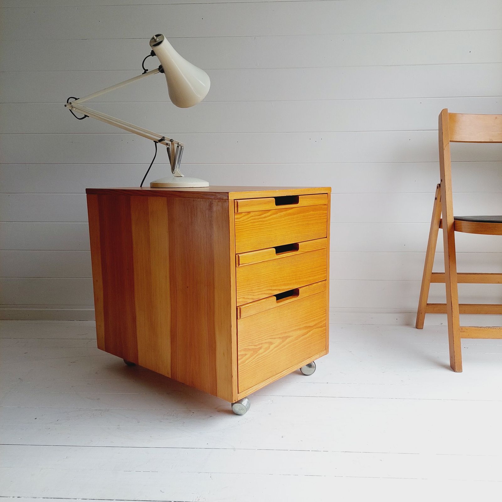 Mid Century Scandinavian Pine Bedside Chest Of Drawers Filing Cabinet Alvar Aalto Style 70s Restored
