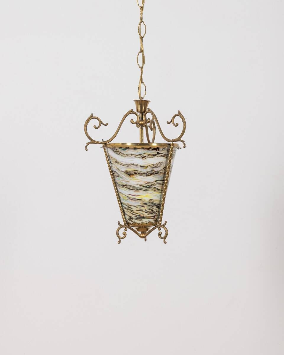 Vintage 50's Lantern Chandelier Multicolored Glass Italian Design photo for sale