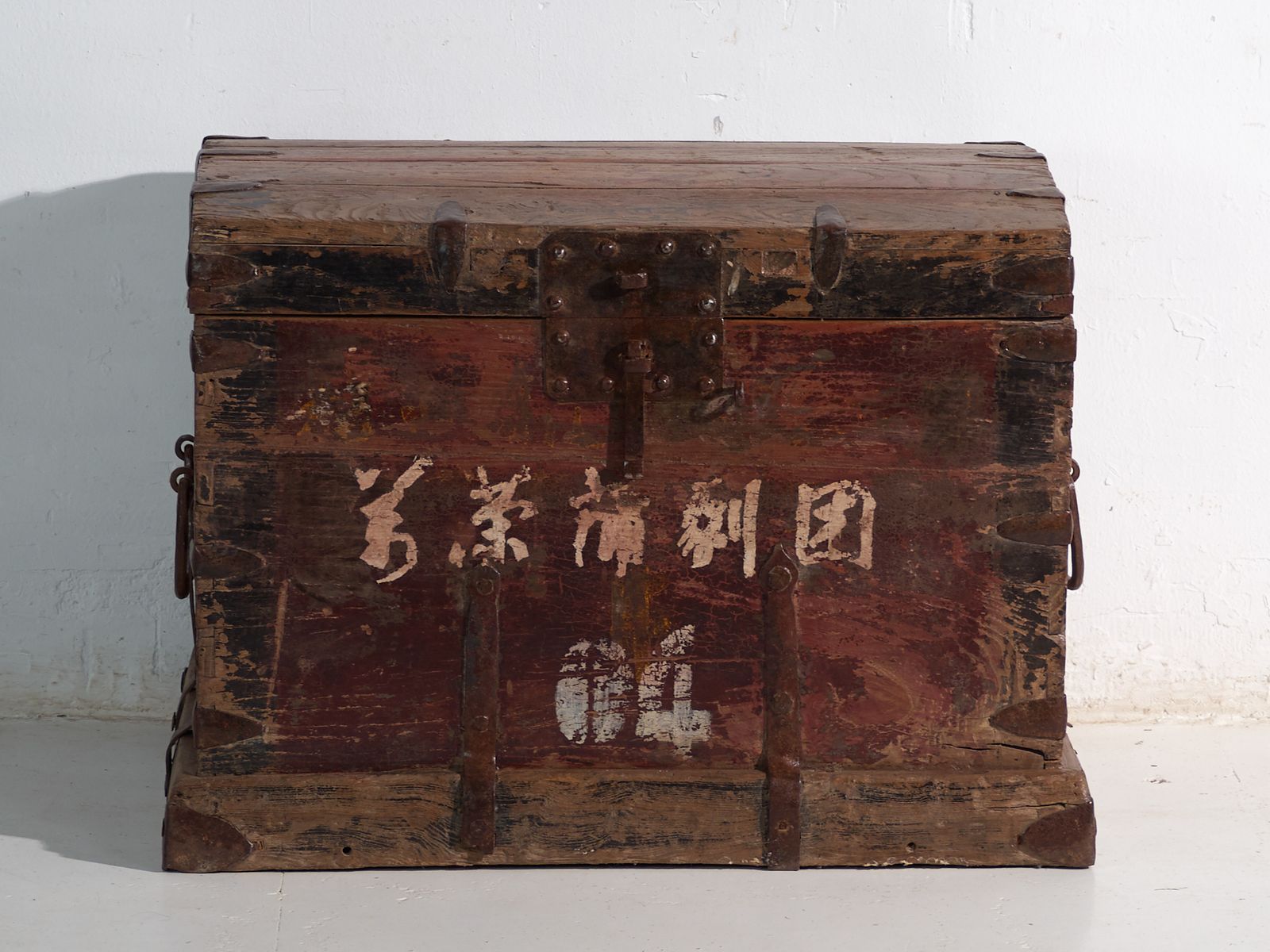 photo for sale Antique Iron Reinforced Trunk In Pine Wood – China, Circa 1900