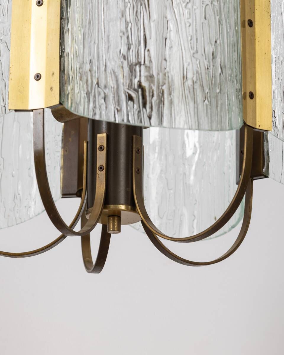 Vintage 60's Chandelier In Brass And Worked Glass Italian Design photo vinterior