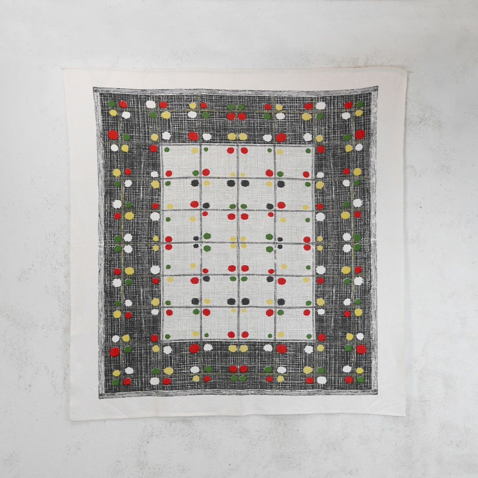 Mid Century Tablecloth Fabric Cotton Geometric Dot Black Green Red #103221