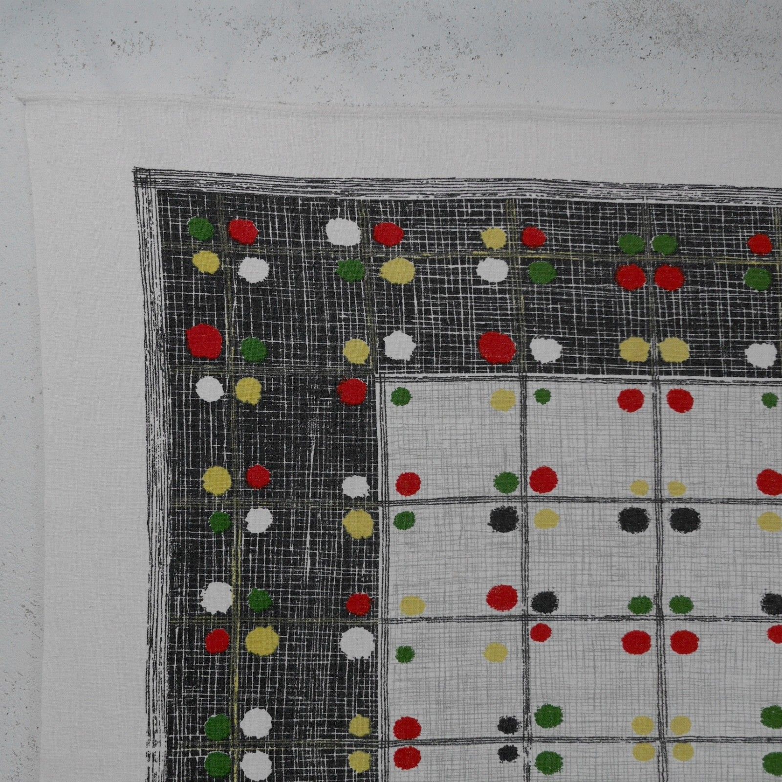 Mid Century Tablecloth Fabric Cotton Geometric Dot Black Green Red #103221 photo vintage