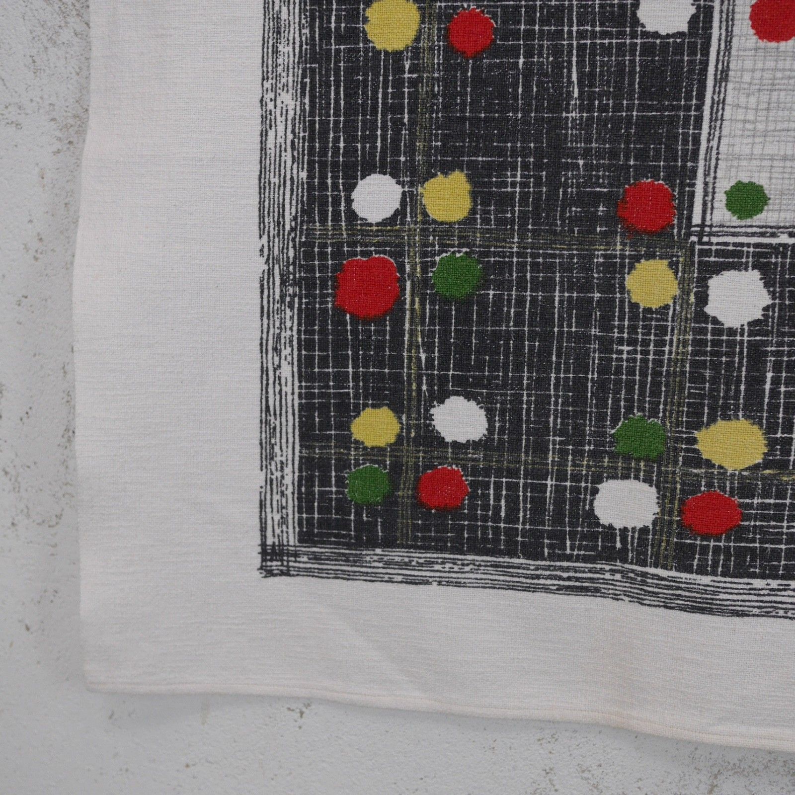 85.0 Mid Century Tablecloth Fabric Cotton Geometric Dot Black Green Red #103221 photo