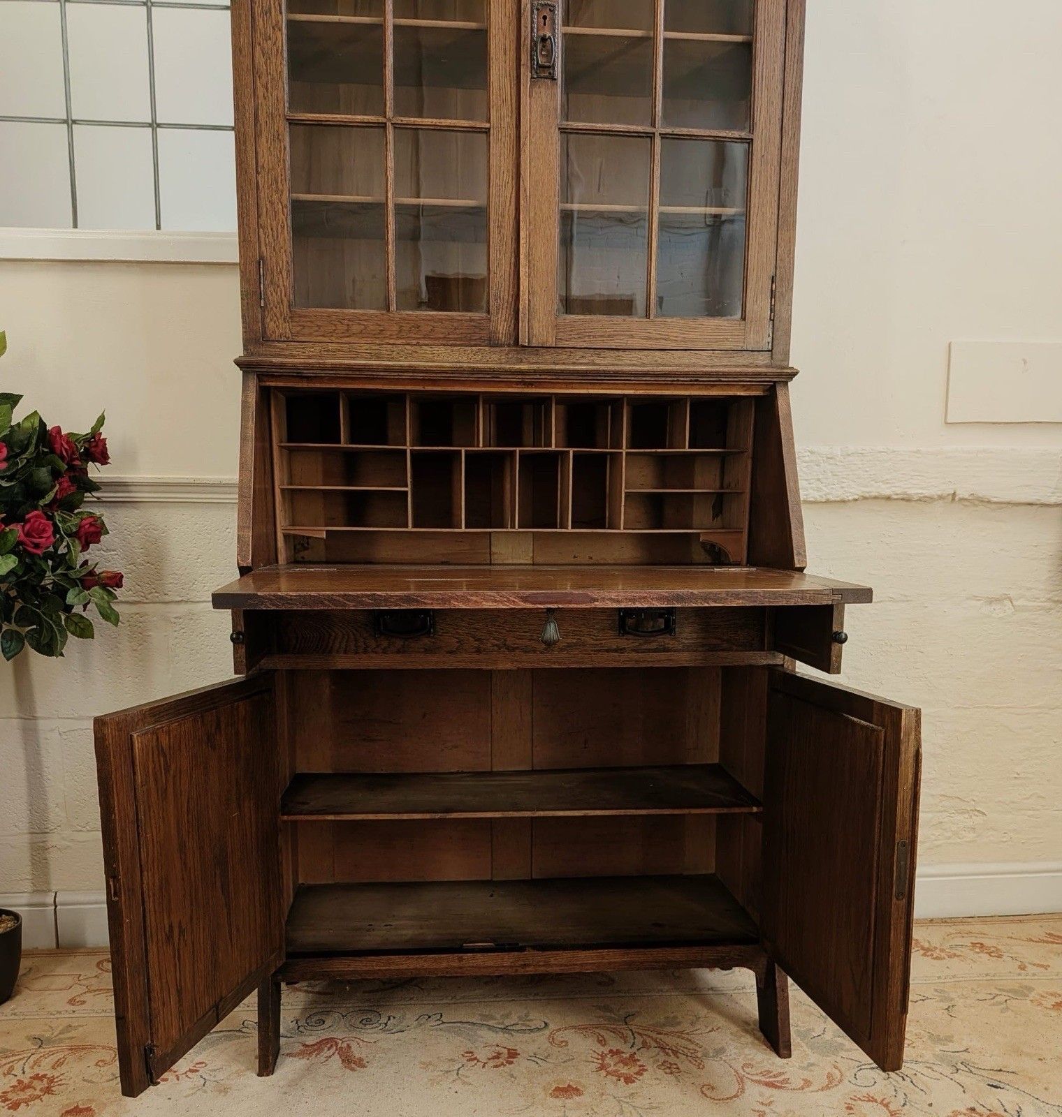 Edwardian Solid Oak Bookcase Bureau photo buy