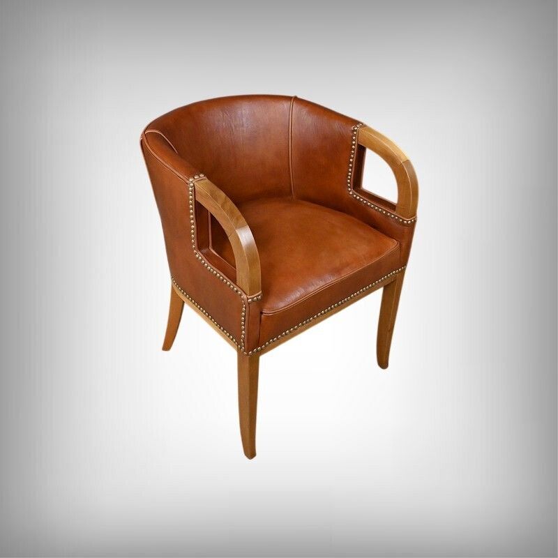 Set Of 4 Art Deco Armchairs In Walnut & Leather – 1940 photo furniture