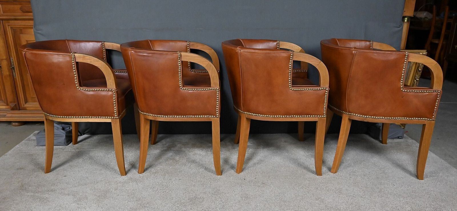 Set Of 4 Art Deco Armchairs In Walnut & Leather – 1940 photo vinterior
