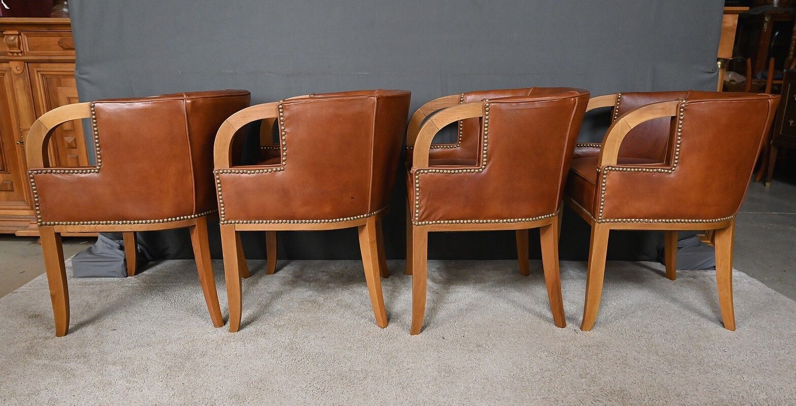 Set Of 4 Art Deco Armchairs In Walnut & Leather – 1940 photo buy