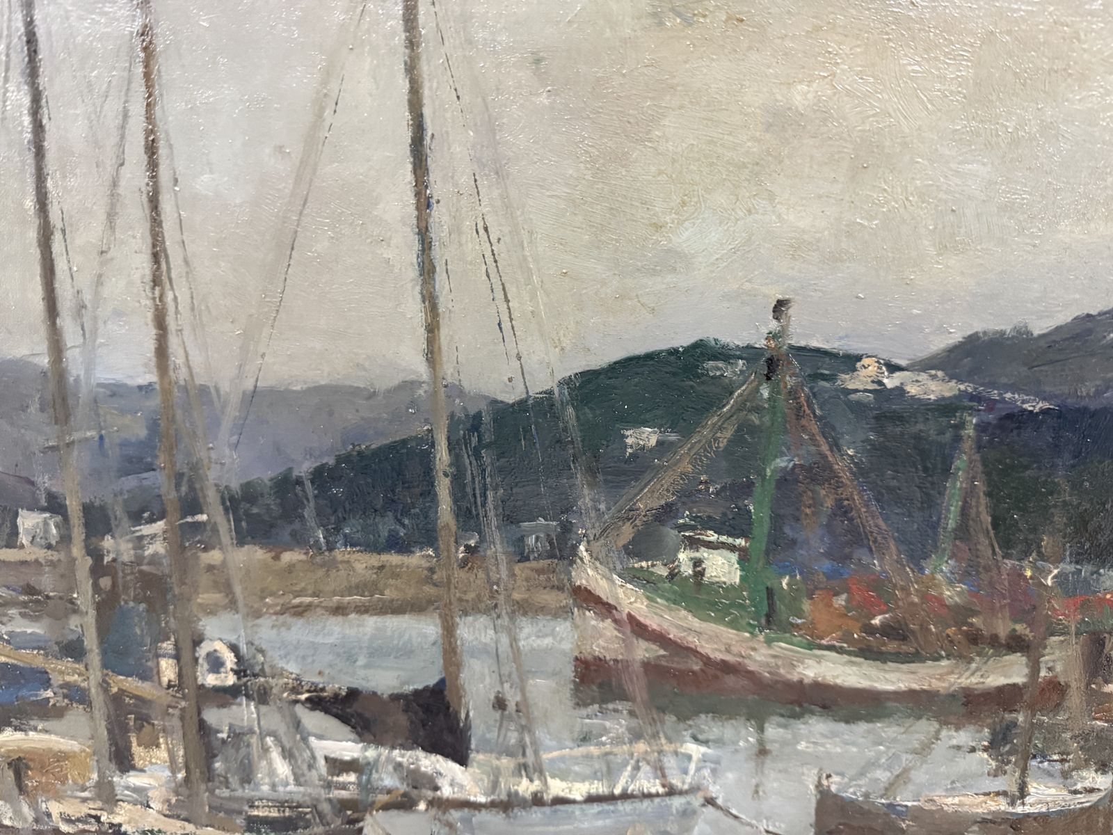 Josep Maria Mallol Suazo – Mediterrane haven met boten en bergen, naoorlogs Catalaans olieverfschilderij, jaren 1960 photo 3650.0