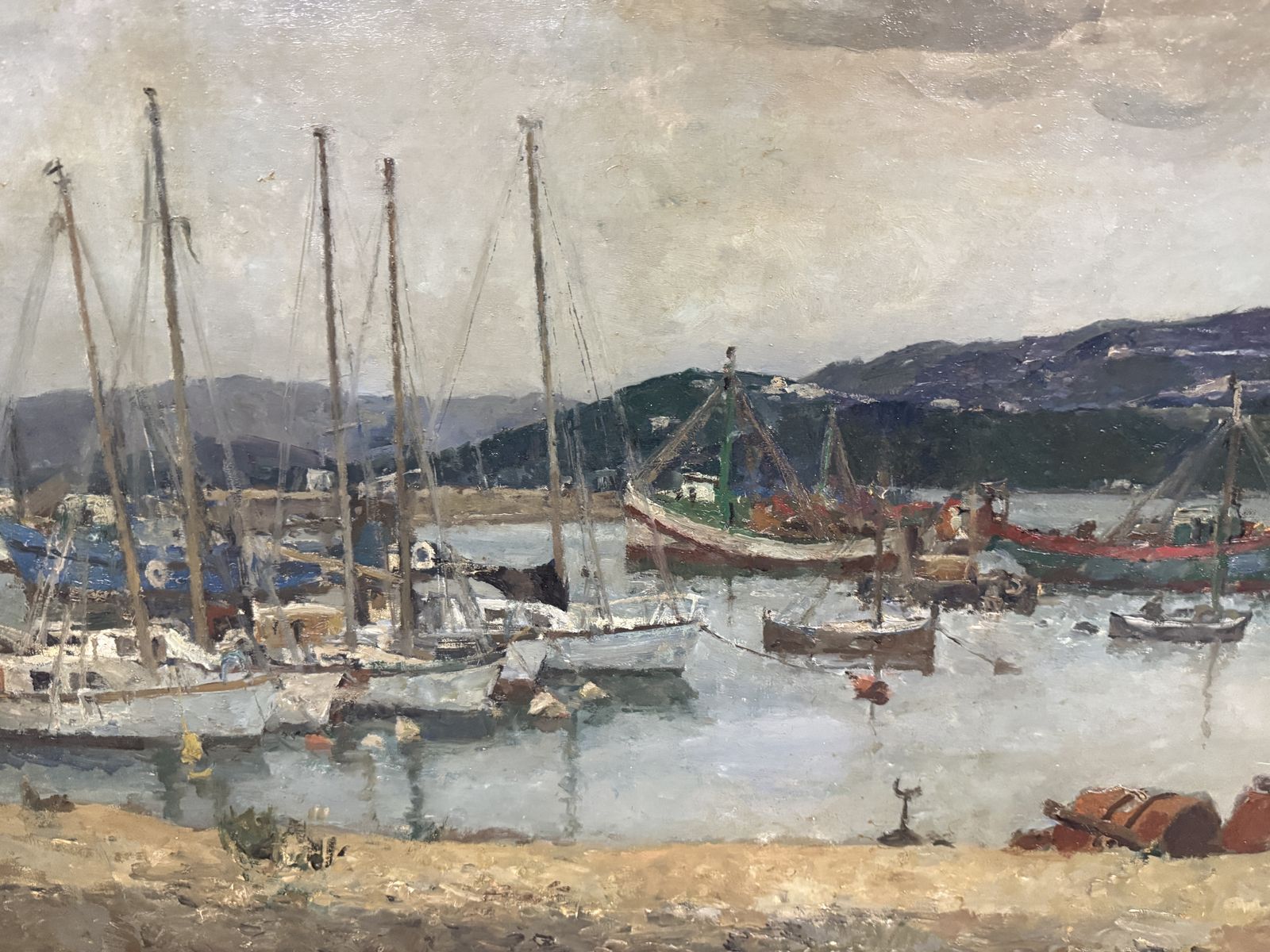 Josep Maria Mallol Suazo – Mediterrane haven met boten en bergen, naoorlogs Catalaans olieverfschilderij, jaren 1960 photo buy
