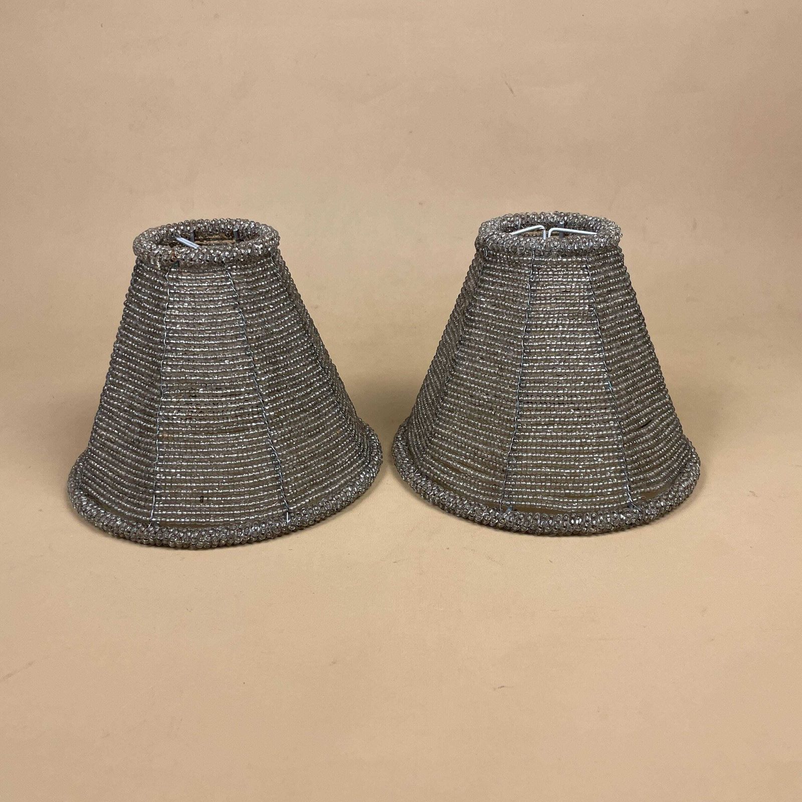 Silver Beaded Lamp Shades Pair Vintage Hollywood Regency Glam Conical Table Light Shades For Bedroom Or Living Room Decor