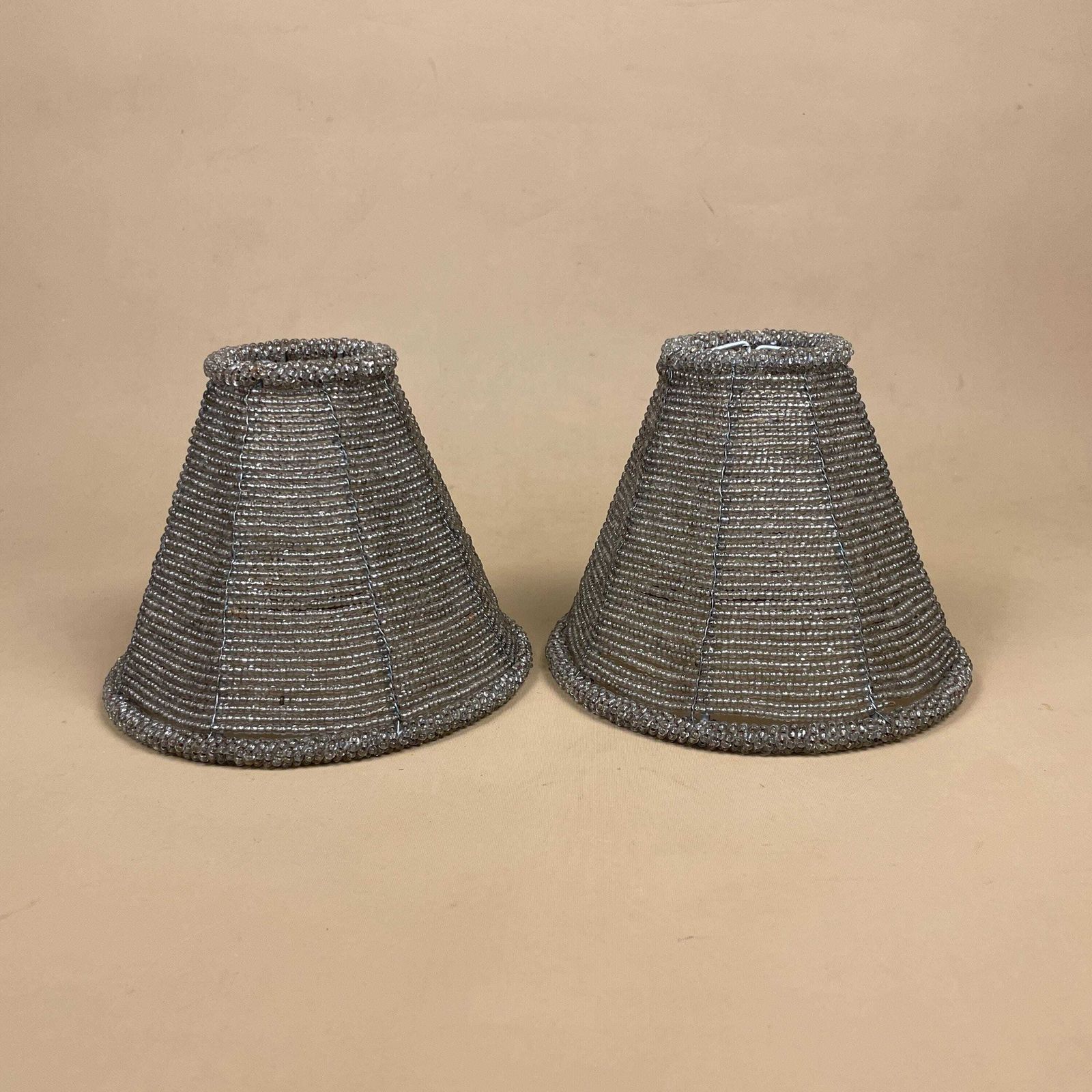 Silver Beaded Lamp Shades Pair Vintage Hollywood Regency Glam Conical Table Light Shades For Bedroom Or Living Room Decor photo for sale