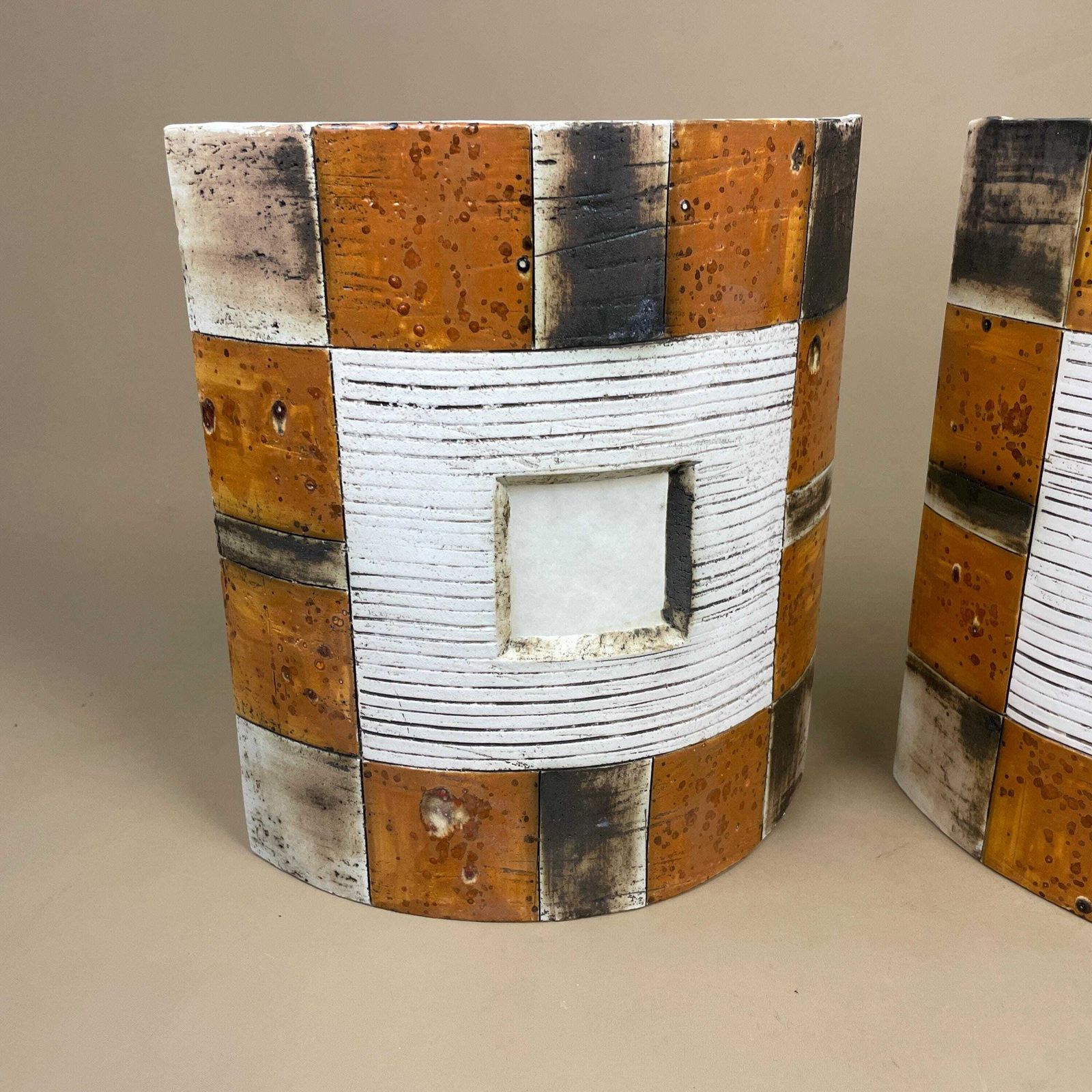Handmade Ceramic Wall Light Pair African Brutalist Studio Pottery Sconce White Black Amber Mustard Geometric Wall Accent Decor photo furniture