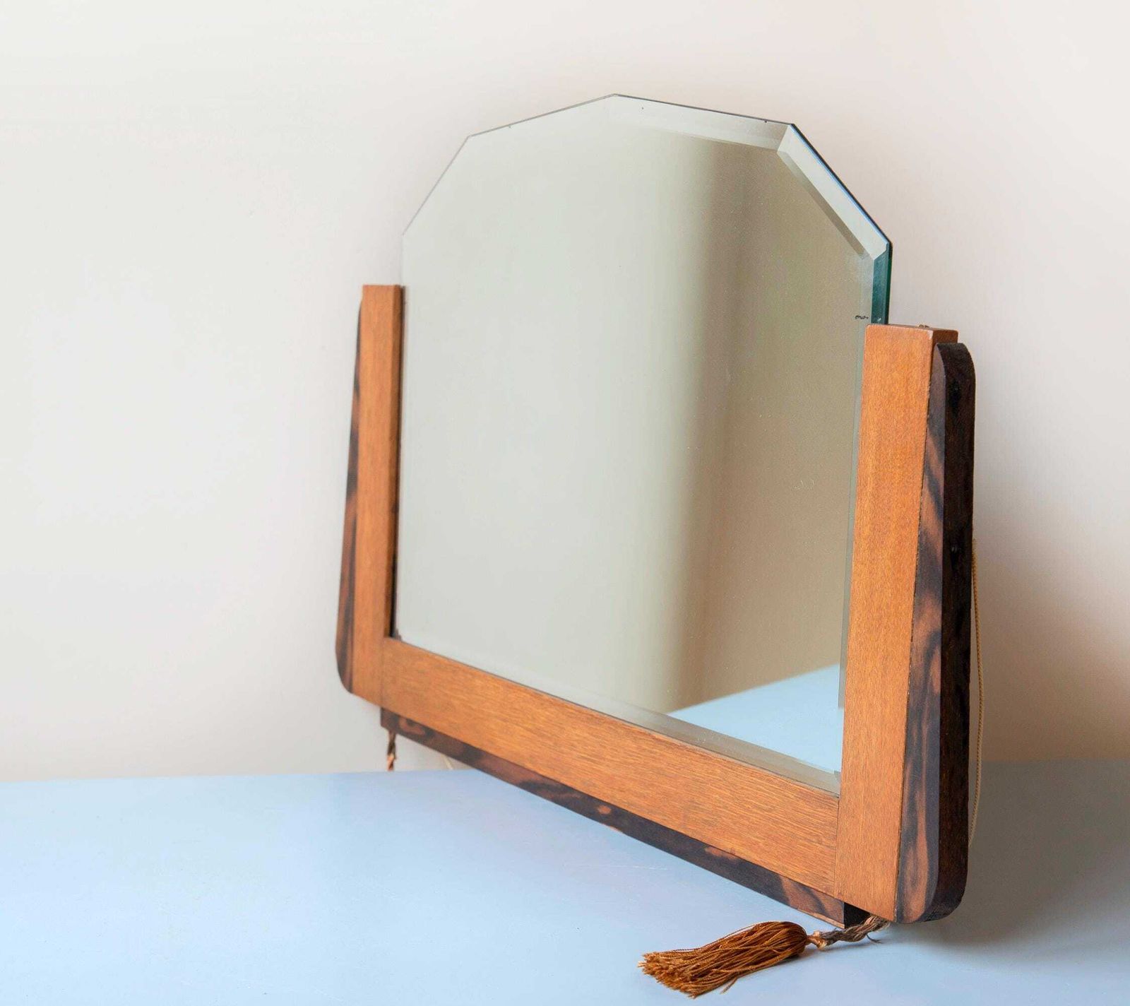 Antique Dutch Art Deco Oak Wall Mirror With Beveled Glass   1920s Amsterdam School Mantel Mirror With Tassels photo Home Decor