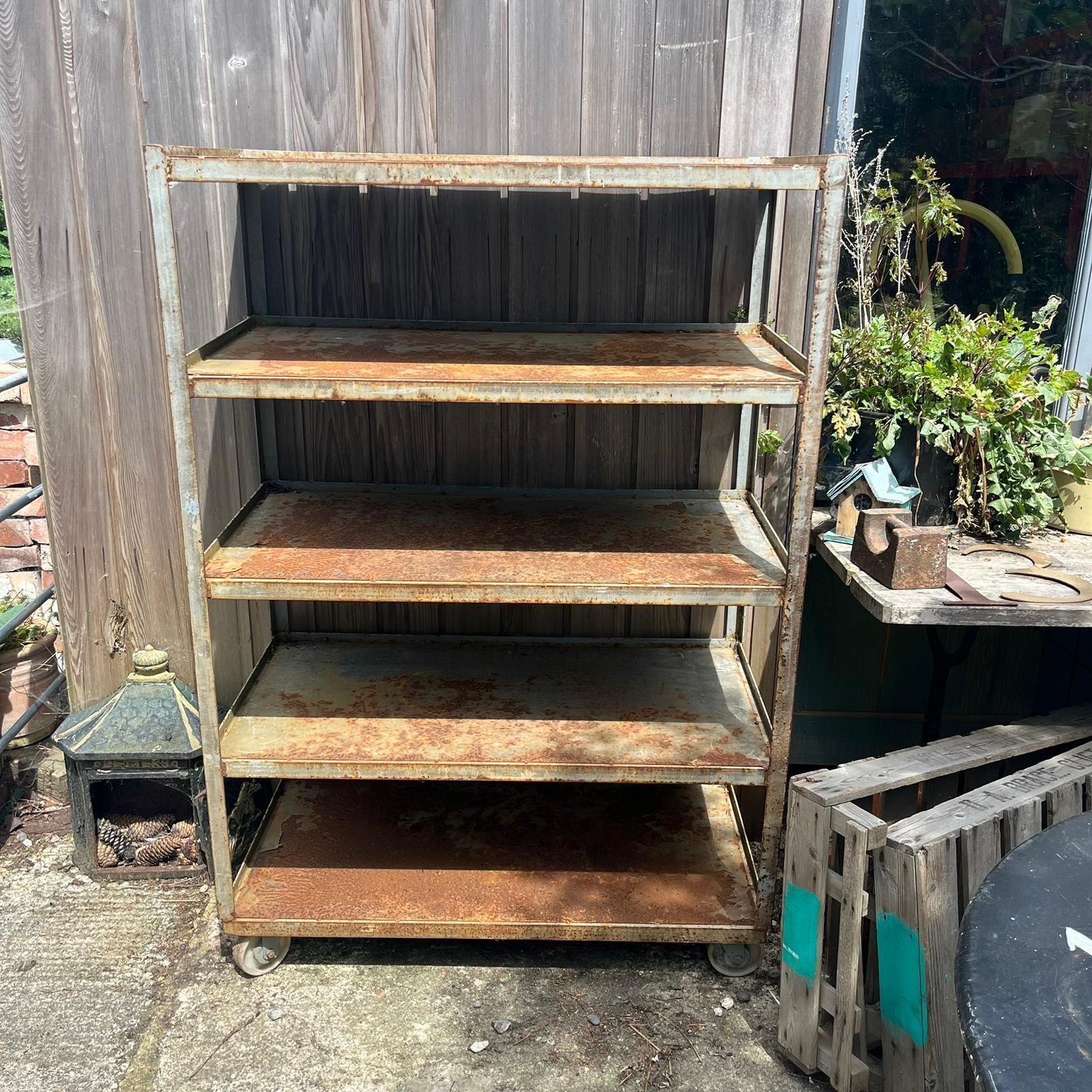 Industrial Salvage Metal Wheeled 5 Shelf Stacking Unit On Castors Great Patina photo furniture