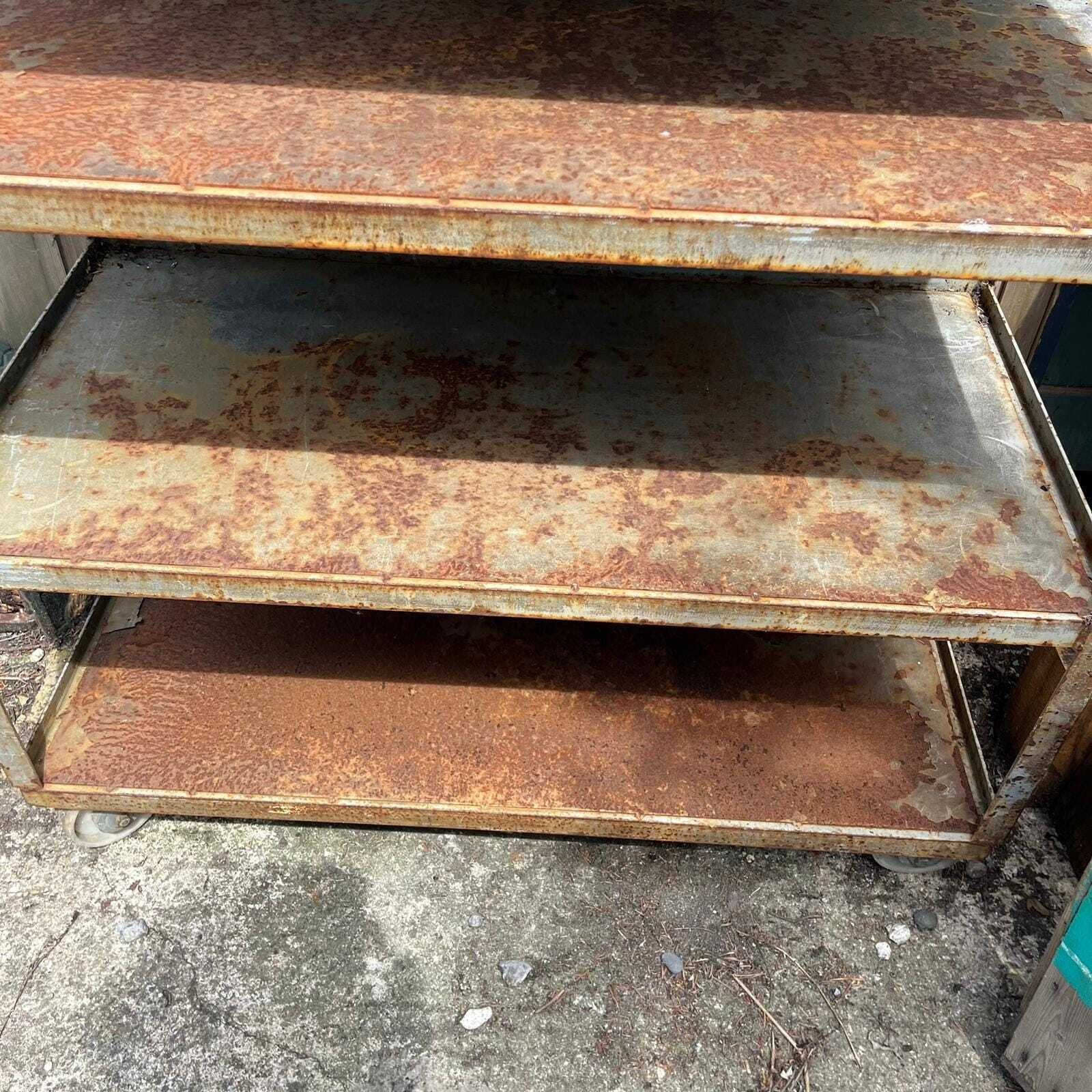 Industrial Salvage Metal Wheeled 5 Shelf Stacking Unit On Castors Great Patina photo for sale