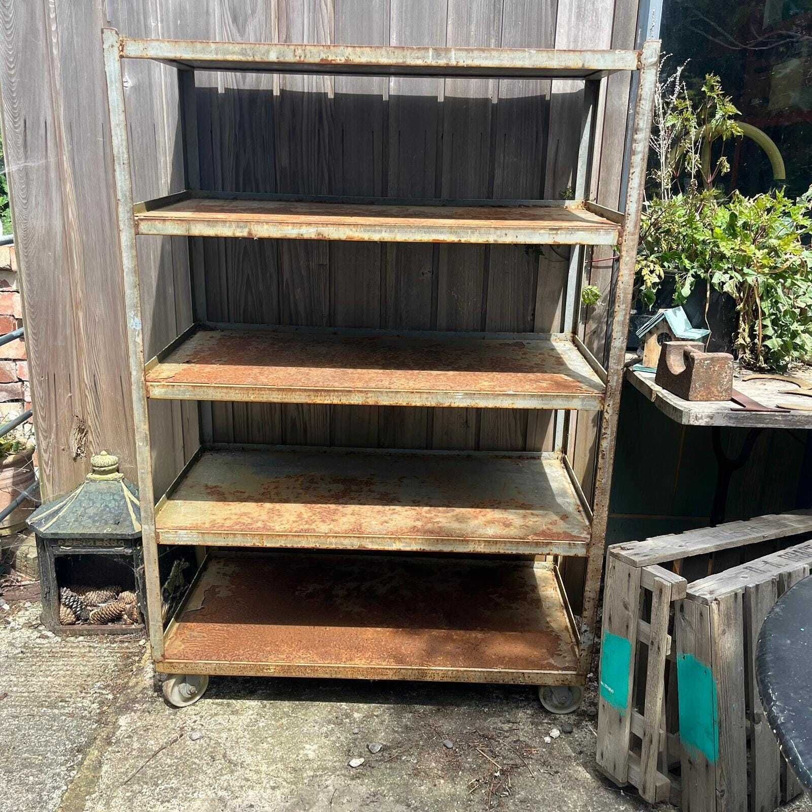 Industrial Salvage Metal Wheeled 5 Shelf Stacking Unit On Castors Great Patina photo 219.0