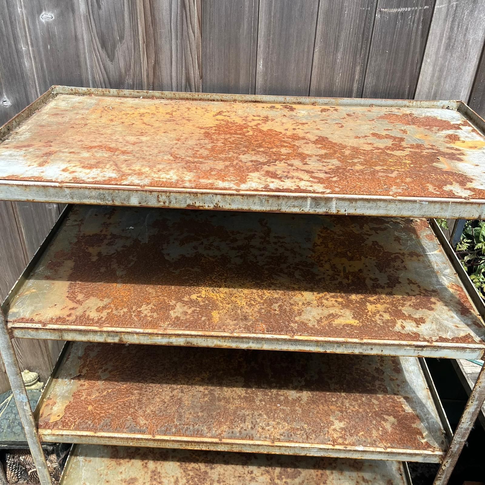 Industrial Salvage Metal Wheeled 5 Shelf Stacking Unit On Castors Great Patina photo buy