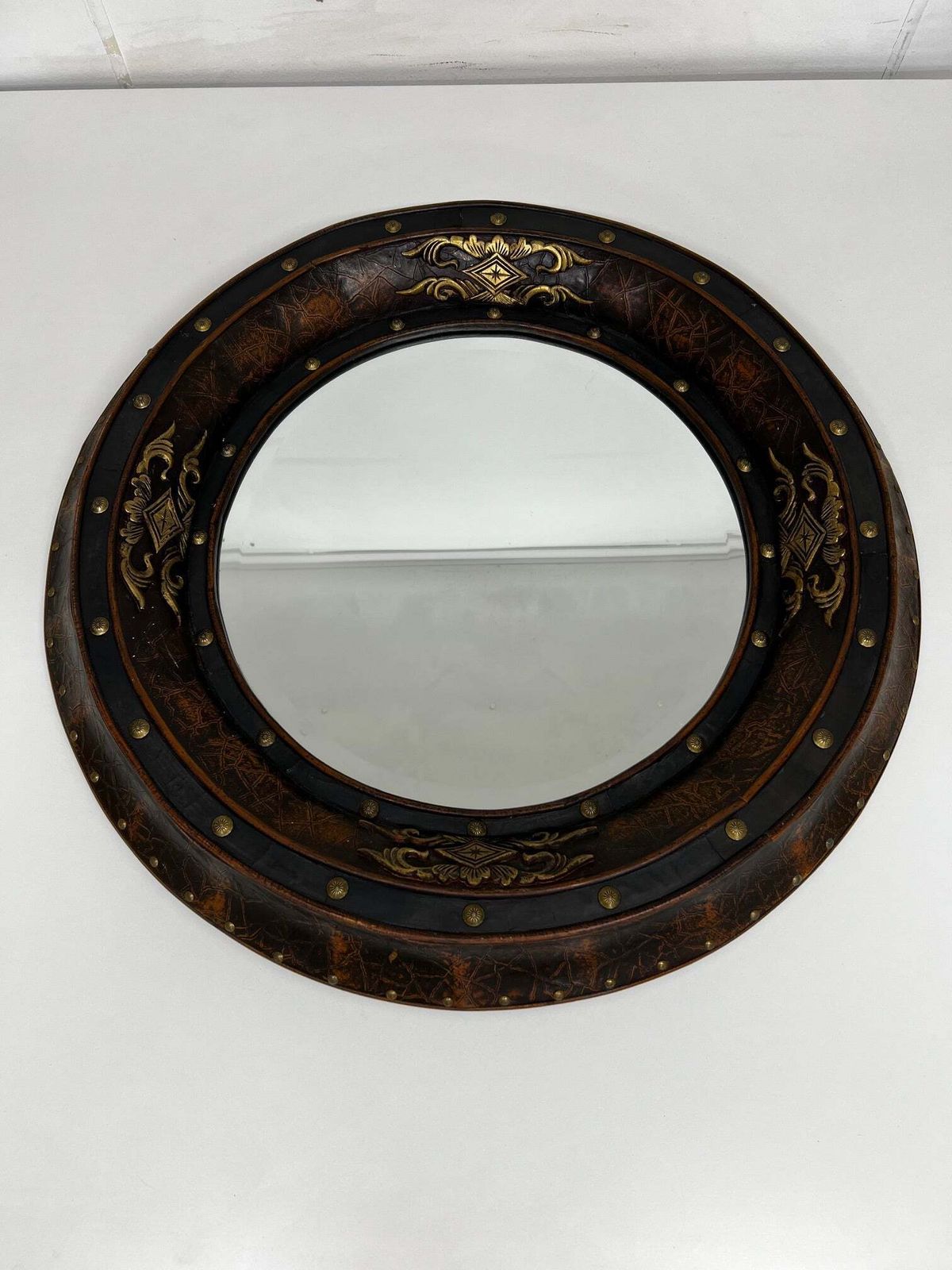 Antique Ebonized & Gilt Convex Circular Port Hole Style Mirror photo furniture
