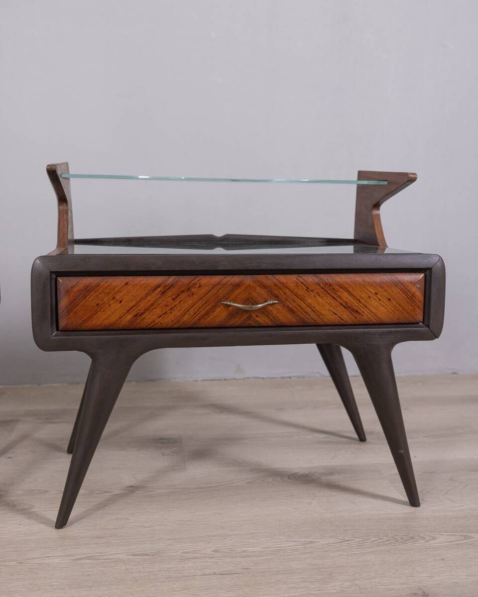 Pair Of Vintage 1950s Bedside Tables In Wood And Glass photo for sale