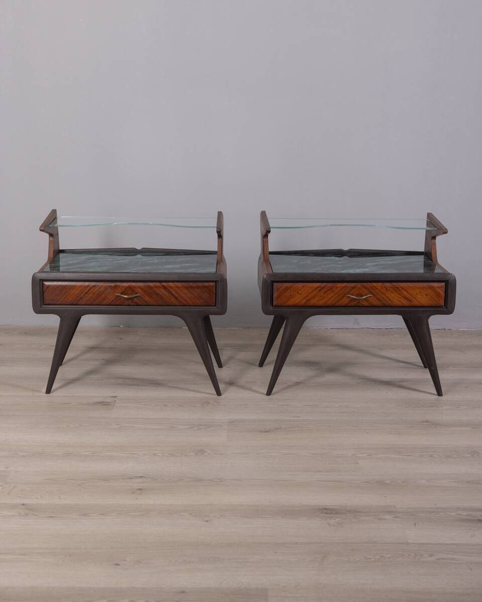Pair Of Vintage 1950s Bedside Tables In Wood And Glass photo Furniture