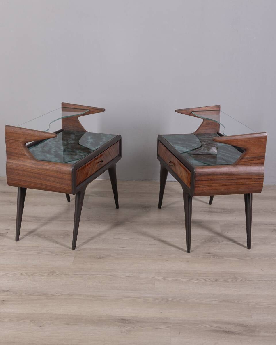 photo furniture Pair Of Vintage 1950s Bedside Tables In Wood And Glass