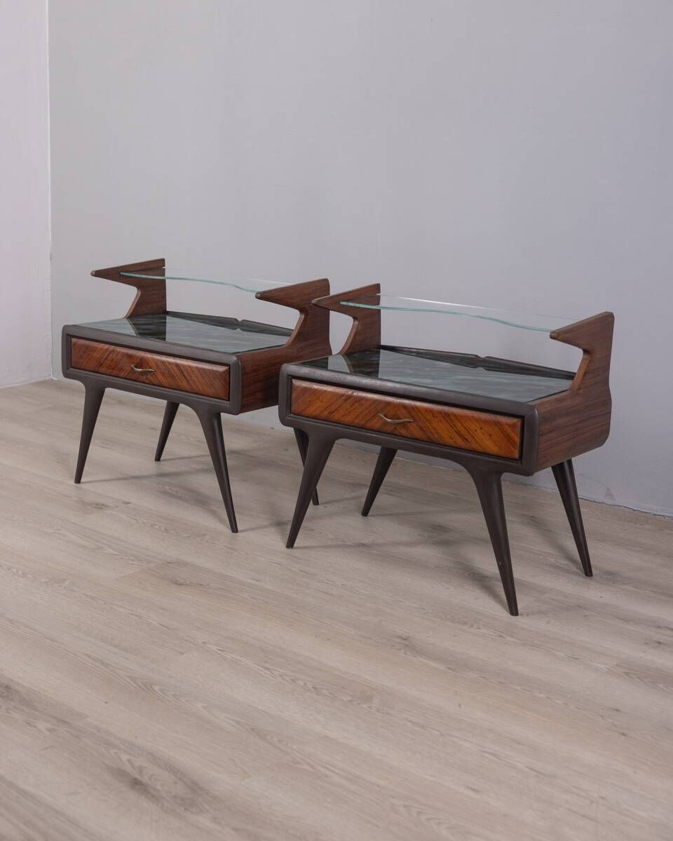 Furniture Pair Of Vintage 1950s Bedside Tables In Wood And Glass photo