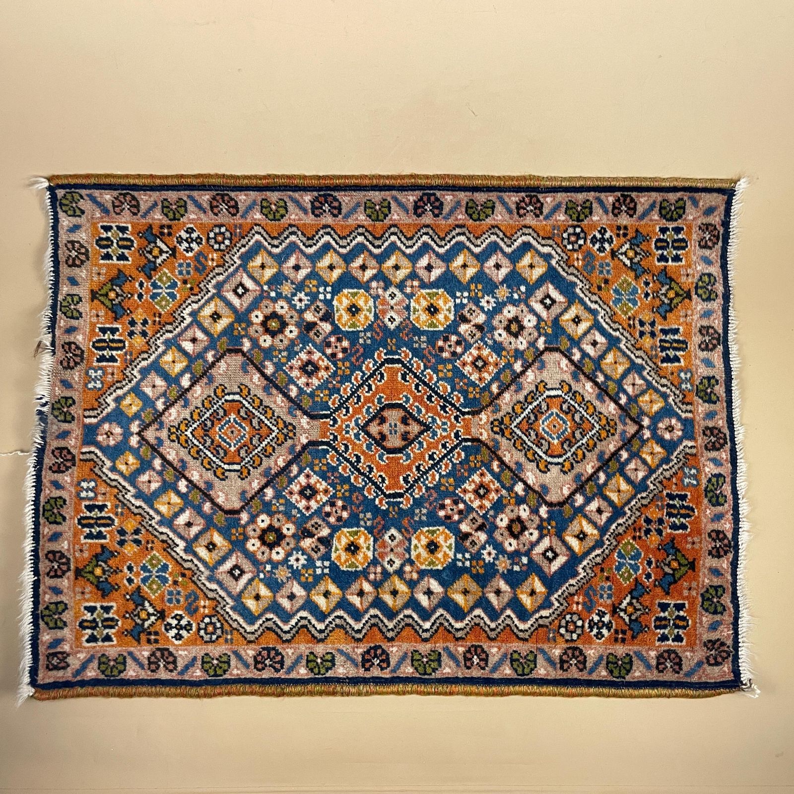 Small Accent Rug Wool Middle Eastern Style Decorative Tasselled Orange Blue Detailed Pattern