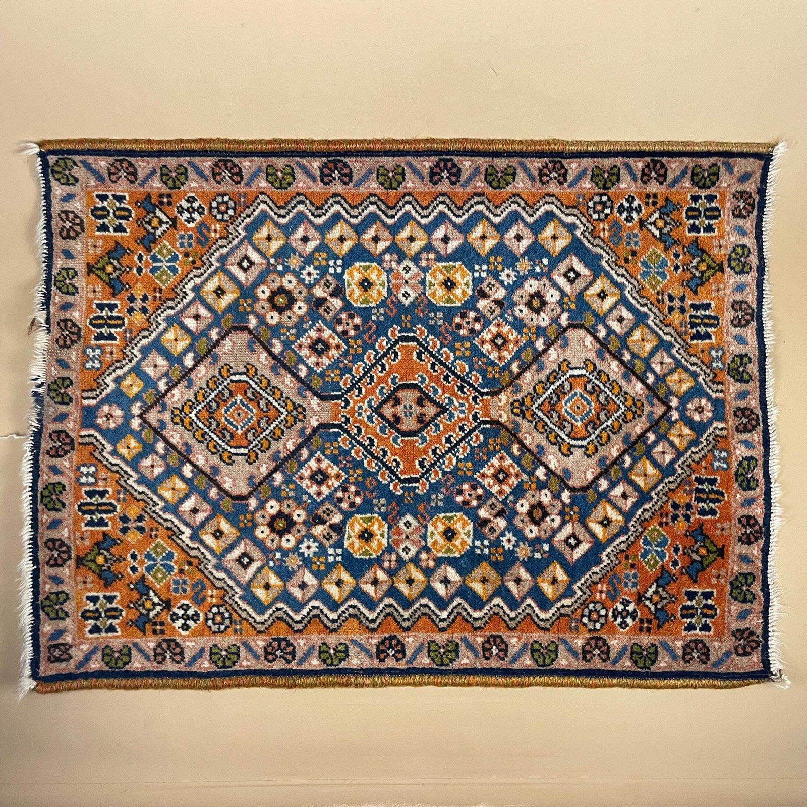 Small Accent Rug Wool Middle Eastern Style Decorative Tasselled Orange Blue Detailed Pattern photo for sale