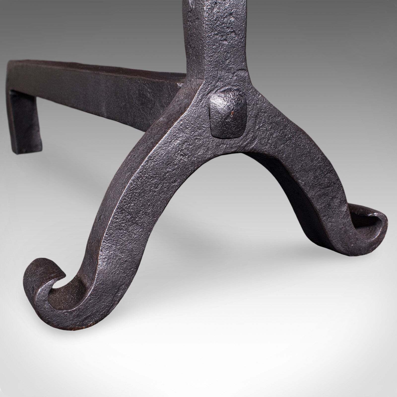 photo for sale Pair Of Antique Firedogs, English, Estate Made Wrought Iron, Andirons, Victorian
