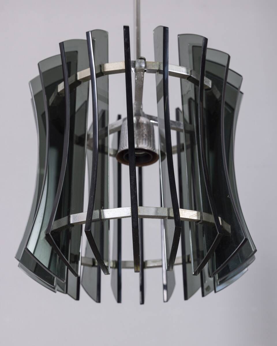 Vintage 1960s Chandelier In Metal And Smoked Glass By Veca Design photo vinterior