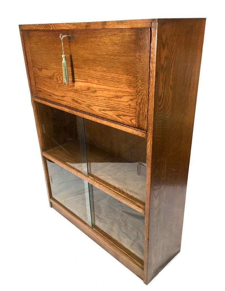 Antique Wooden Oak Bookcase Shelf And Bureau Combination / Mid Century / Key