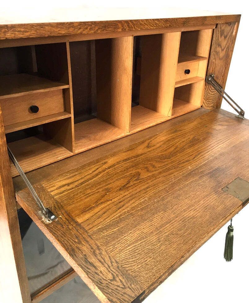 Antique Wooden Oak Bookcase Shelf And Bureau Combination / Mid Century / Key photo Furniture