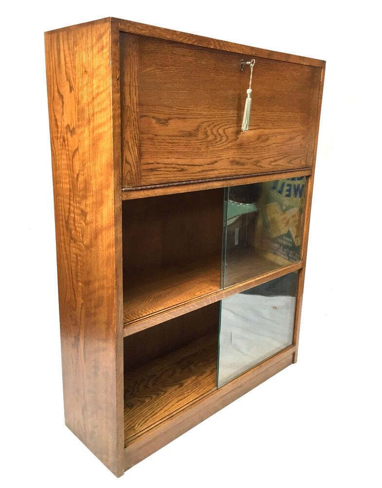 Antique Wooden Oak Bookcase Shelf And Bureau Combination / Mid Century / Key photo 319.0