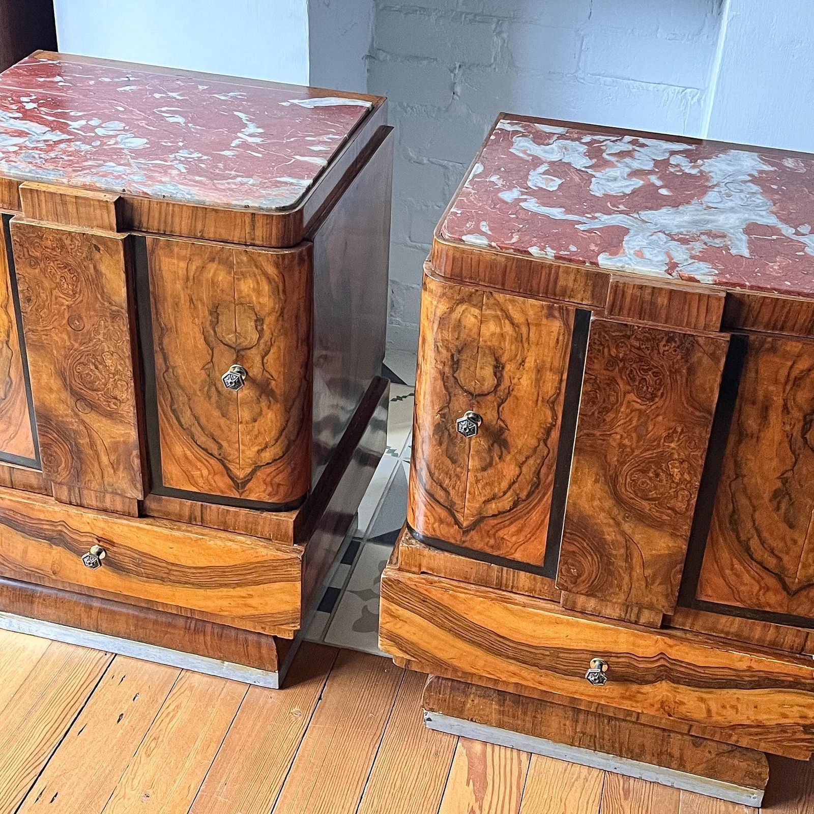 Pair Of Italian Art Deco Marble Top Bedside Cabinets photo for sale